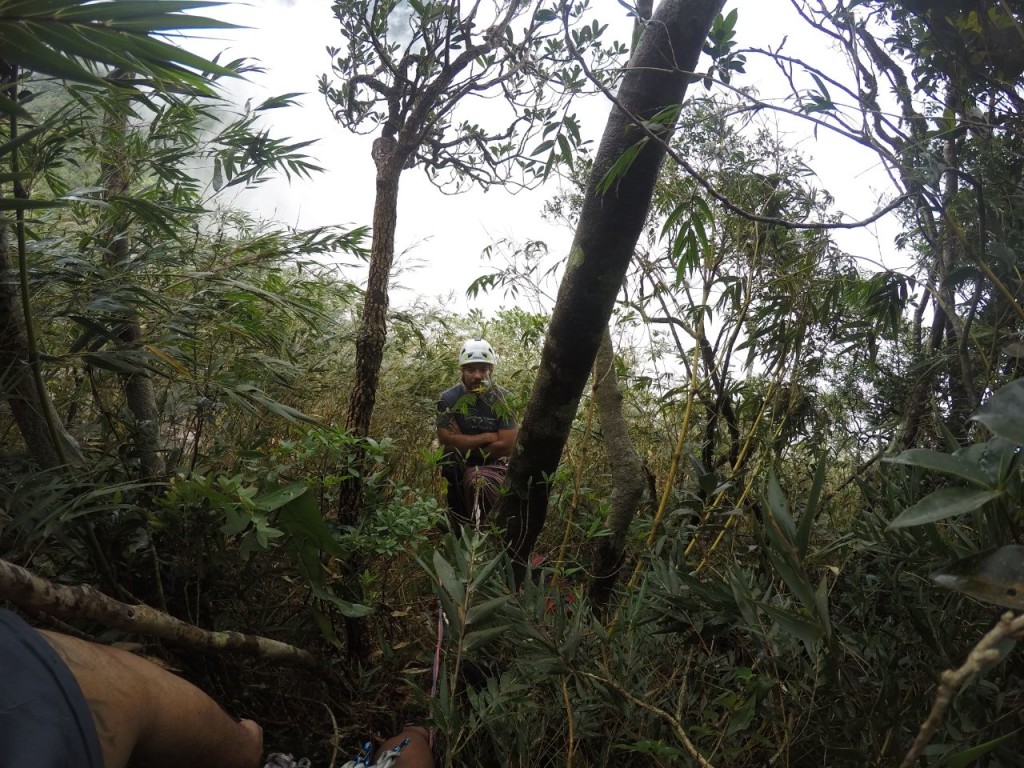 Finalizando a escalada da Cristal Negro, improvisando uma parada, daqui pra frente só vara mato até o segundo degrau.